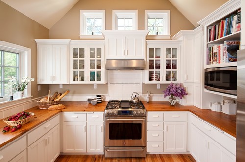 White Kitchen Cabinets with Glass Door Cabinets, Hook Hutch, Cook Shelf and Corner Cabinets